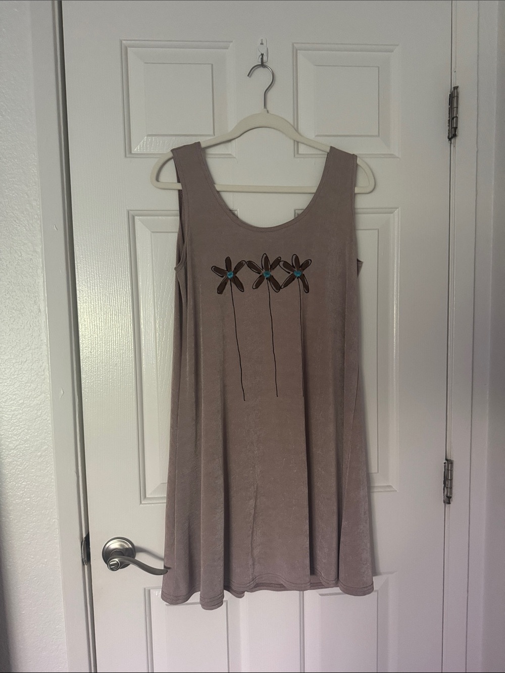Taupe Floral Tank Dress with Turquoise Flowers